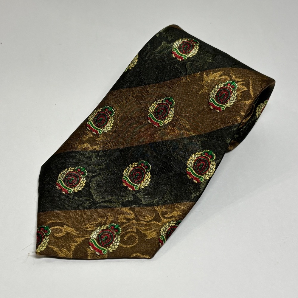 Mercedes‎ Necktie Mens OS Brown Green Crest Stripe Hand Made Silk Blend Preppy